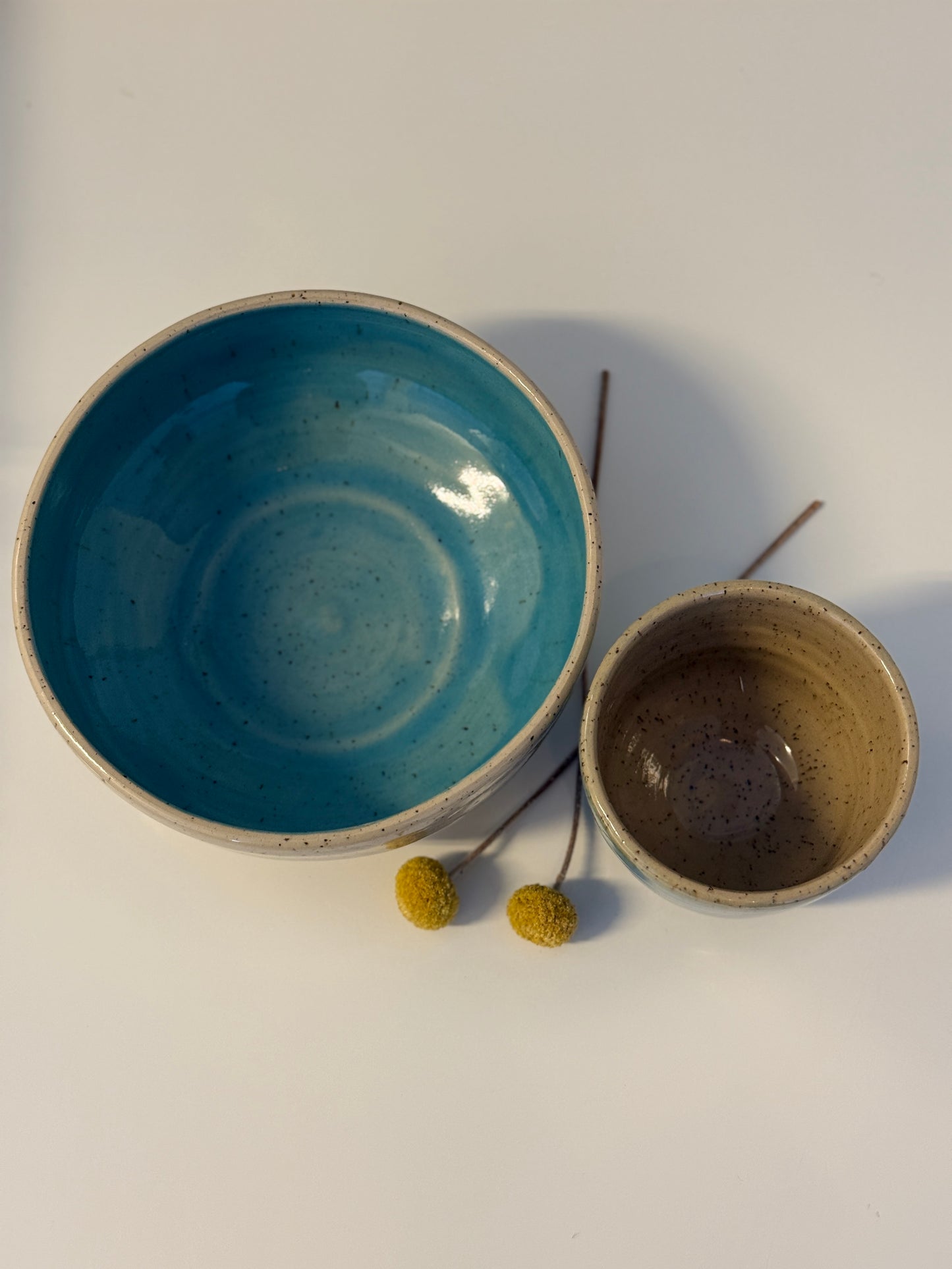 Handgemachte Bowl mit Becher glasiert Türkis und Transparent